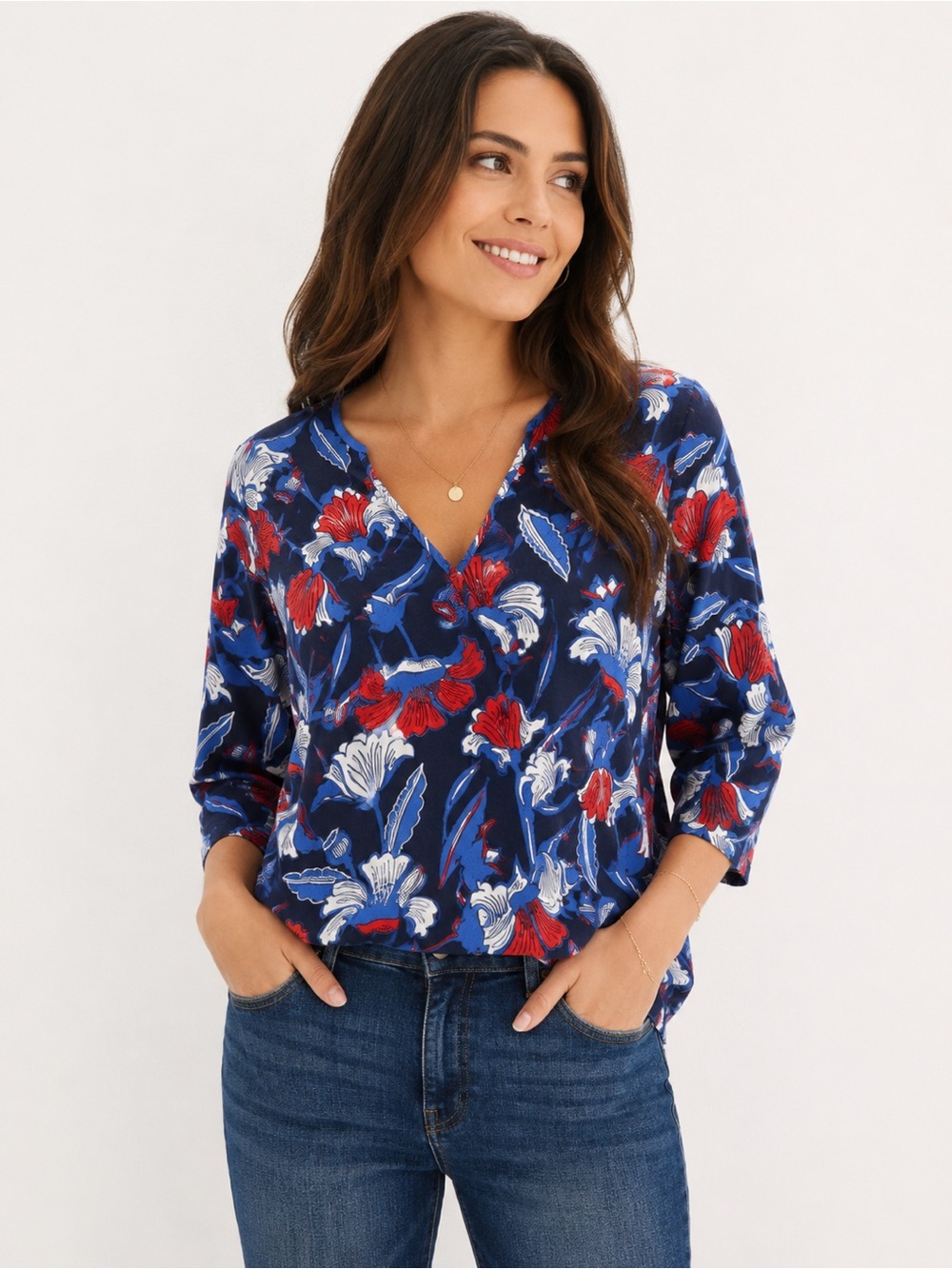 J. Crew 100% cotton Navy floral print relaxed fit V-Neck Blouse L
